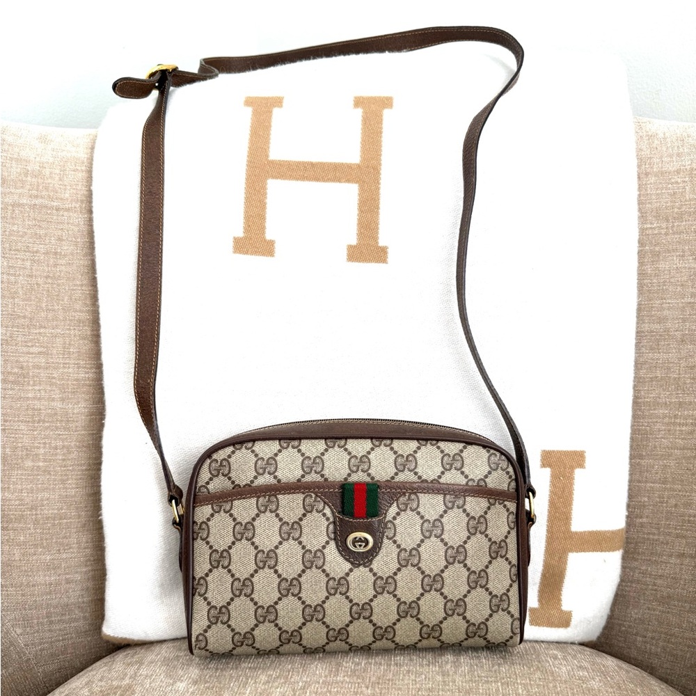 Gucci authentic brown monogram coated canvas crossbody bag brown leather